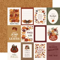 Journaling-Card-Bogen mit Sprüchen 'Fall Harvest', 'Hello Autumn' und 'And all at once, summer collapsed into Fall', Rückseite mit Eichel-Gitter-Muster.