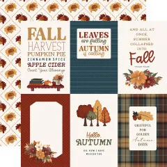 Journaling-Card-Bogen mit Sprüchen 'Leaves are falling, Autumn is calling', 'Hello Autumn' und Baum-Illustration, Rückseite mit Eichel-Muster.
