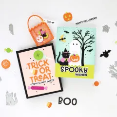 Fertige Halloween-Bastelprojekte aus HEROween Set: Leckerchietüten, Grußkarten mit Trick-or-Treat-Design, gestanzte Halloween-Formen