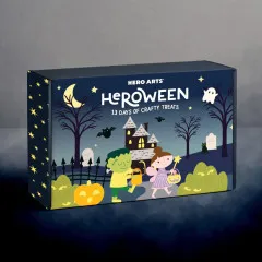 HEROween Box geöffnet von oben, zeigt Packaging mit Halloween-Szene und Text 'Trick or Treat Yo Self'
