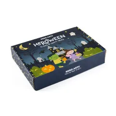 HEROween Adventskalender Box von Hero Arts mit Illustration von Hexe und Frankenstein vor Schloss, Mond und Geistern