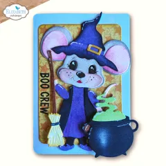 Blaue Karte mit Maus im Hexenkostüm, Besen und schwarzem Kessel, Schriftzug Boo Crew