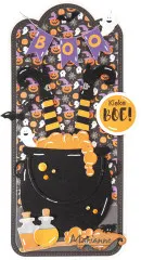 Anhänger-Karte mit Hexenkessel, Besen und Fähnchen-Banner 'Boo'