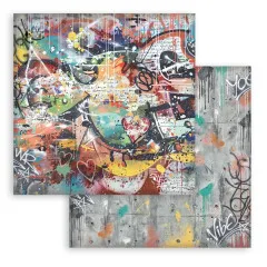 Doppelseitiges 12x12-Hintergrundpapier mit bunter Graffiti-Fläche, Herz und grauer Rückseite