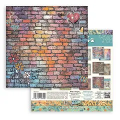 8x8-Hintergrundpapier mit bunter Ziegelmauer, Herz und Blumen-Kritzelei