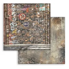 Doppelseitiges 12x12-Hintergrundpapier mit dunkler Ziegelmauer, Rohren und Verkehrsschildern