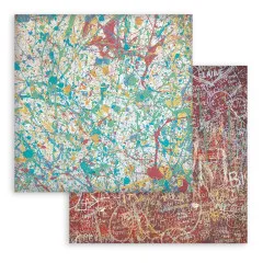 Doppelseitiges 12x12-Hintergrundpapier mit bunten Farbspritzern und rotbrauner Kritzelwand