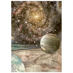 A6-Reispapier mit Spiralgalaxie, Planet und rissiger Mondlandschaft