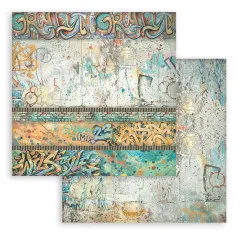Doppelseitiges 8x8-Hintergrundpapier mit verwitterter Wand und Graffiti-Bordüren
