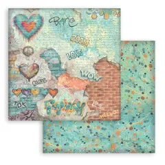Doppelseitiges 12x12-Hintergrundpapier mit Herzen, Ziegelwand und Wörtern sowie gesprenkelter Rückseite