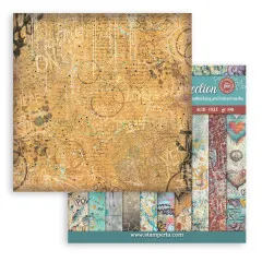 8x8-Hintergrundpapier in Ocker mit verblasster Schrift und Kaffeeringen