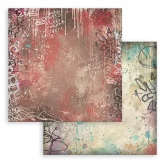 Doppelseitiges 12x12-Hintergrundpapier in Rostrot mit Graffiti-Tags und heller Rückseite