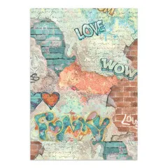 Seite mit bröckelnder Ziegelwand, Herzen und Graffiti-Schriftzügen Love, Wow und Funky