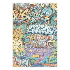 Kartonseite aus dem Junk Journal mit bunter, flächiger Graffiti-Wand