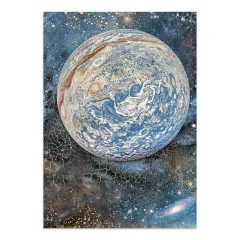 Seite mit großem blau-weißem Planeten im Sternenhimmel