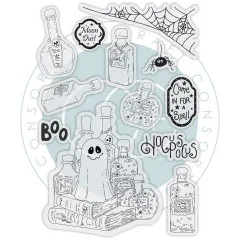 Transparente Clear Stamps mit Umriss-Motiven von Zaubertrank-Fläschchen, Spinnennetz und Gespenst