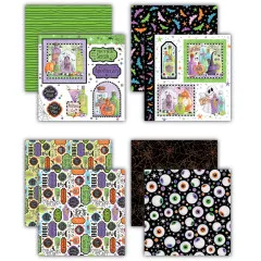 Musterseite mit Papierdesigns: lila Sternenhimmel, türkise Zaubertrank-Etiketten und „Pick Your Poison"-Karte
