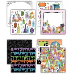 Musterseite mit Papierdesigns: Spinnennetz-Hintergrund, Silhouetten-Reihen und bunte Fläschchen-Collage