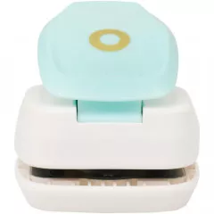 Türkiser Reinforce Hole Punch mit weißer Basis und goldener ovaler Lochform, Seitenansicht