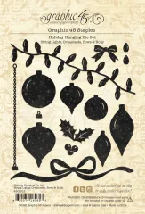 Graphic 45 Holiday Hanging Die Set mit schwarzen Stanzschablonen: Lichterketten, Kugeln, Schleifen, Stechpalme und Beeren auf Verpackung