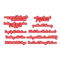 Rote Schriftzug-Stempel mit Sprüchen wie 'Cozy Up, It's Christmas', 'I Can't Bear the Excitement' und 'Deer Friend, Merry Christmas' auf weißem Grund.