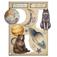 Holzbogen Cosmos mit teilweise herausgelösten Formen von Planet, Wolf und Bär