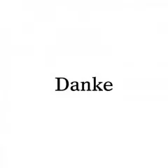 Blau in Gelb Holzstempel mit dem Schriftzug Danke in klaren Druckbuchstaben auf weißem Hintergrund
