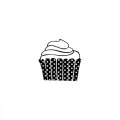 Stempel Muffin von Blau in Gelb als schwarzer Abdruck mit gepunktetem Förmchen