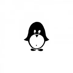 Schwarzer Abdruck eines niedlichen Pinguin-Holzstempels von Blau in Gelb auf weißem Grund