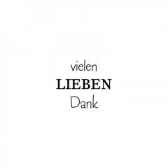 Kleiner Holzstempel mit dem Text Vielen lieben Dank von Blau in Gelb auf weißem Hintergrund