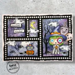 Scrapbooking-Layout mit schwarzem Rand, vier Felder mit Mondszenen, Spinnweben, Hexe und Katze auf lila Hintergrund