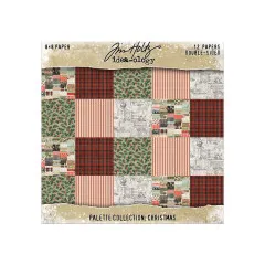 Tim Holtz Idea-Ology 8x8 Paper Pad Palette Collection Christmas mit 12 Bögen, Muster in Rot, Grün, Weiß und Creme mit Karo, Floral und Streifen-Designs