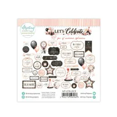Alle 48 Ephemera-Teile ausgebreitet: Ballons, Rosetten, Sterne, Partyhut und Sprüche wie Birthday Wishes und Let's Party