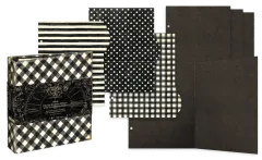 Album-Inhalt: gemusterte Taschentrenner mit Streifen-, Punkte- und Karo-Design, schwarze Ausklappseiten und Mixed-Media-Kunstkartons