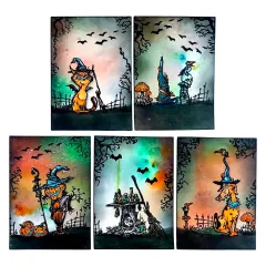 Collage aus fünf Bastelprojekten: Verschiedene Halloween-Szenen mit schwarzem Rahmen - Hexe mit Katze, Schlösser mit Kürbissen und Feuer