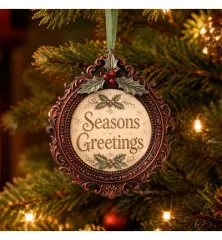 Runder Bronzerahmen-Anhänger mit Schriftzug „Seasons Greetings" und Stechpalmenzweig, an einem beleuchteten Weihnachtsbaum hängend