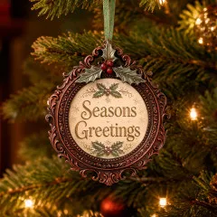 Runder Bronzerahmen-Anhänger mit Schriftzug „Seasons Greetings", oben mit Stechpalmenblatt aus der Form verziert, an einem Weihnachtsbaum hängend