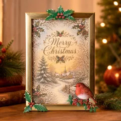 Goldfarbener Rahmen mit Winterdorf-Motiv, Schriftzug „Merry Christmas" und aufgesetzter Rotkehlchen-Figur aus der Form