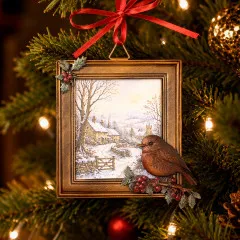 Goldfarbener Bilderrahmen-Anhänger mit Winterdorf-Motiv und Rotkehlchen-Figur, mit rotem Band an einem Weihnachtsbaum hängend