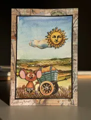 Beispielkarte mit Stempeln The Travelers: Maus vor Heißluftballon, Sonne und Landschaft, aquarelliert und koloriert