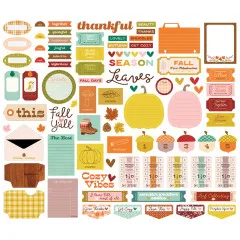 Ungeschnittener Bogen mit Tags, Tickets, Wortstickern und Journaling-Elementen im Pumpkins & Plaid Design