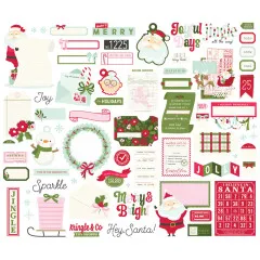 Ungeschnittener Bogen mit Tickets, Tags, Umschlägen, Wortstickern, Bingo-Karte "I believe in Santa" und Santa-Figuren im Kringle & Co. Design