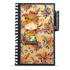 Notizbuch-Einband mit asiatischer Puppenfigur und orangefarbenen Blumen
