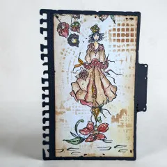 Vintage-Journalkarte mit Dame in Beige, Lampionblumen und Schablonenraster