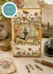 Fertiges Journal mit Blumen-Cover, Etikett Ledger, Tintenfass und Schreibfedern