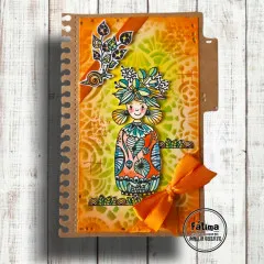 Oranges Journal mit Zouki-Mädchen, Blätterzweig, Schnecke und Schleife