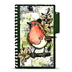 Journal-Seite in Grün- und Orangetönen mit Vogel und Blumen