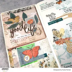 Gestaltetes Journal-Spread mit Stempelmotiven von Katie Pertiet