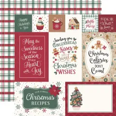 Journaling-Kärtchen-Bogen mit weihnachtlichen Back-Sprüchen (u. a. „May the Sweetness of the Season”, „Sending You Gingerbread Kisses”) / Rückseite: rot-grünes Karomuster