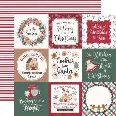 Journaling-Kärtchen-Bogen mit weiteren Back-Sprüchen (u. a. „Gingerbread Construction Crew”, „Cookies for Santa”, „Baking Spirits Bright”) / Rückseite: rot-weißes Streifenmuster